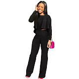 Solid Long Sleeve Ruffle Hem Shirts Straight Pants Set