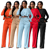 Solid Long Sleeve Ruffle Hem Shirts Straight Pants Set