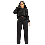 Solid Long Sleeve Ruffle Hem Shirts Straight Pants Set