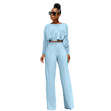 Solid Long Sleeve Ruffle Hem Shirts Straight Pants Set