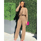 Solid Long Sleeve Ruffle Hem Shirts Straight Pants Set