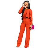Solid Long Sleeve Ruffle Hem Shirts Straight Pants Set