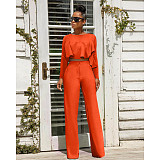 Solid Long Sleeve Ruffle Hem Shirts Straight Pants Set
