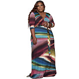 Print Three Quarter Sleeve V-neck Bandage Sashes Dress