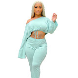 Solid Color Asymmetrical Long Sleeve Crop Top Pants Set