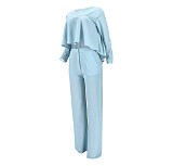 Solid Long Sleeve Ruffle Hem Shirts Straight Pants Set