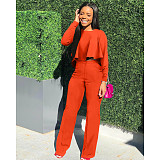 Solid Long Sleeve Ruffle Hem Shirts Straight Pants Set