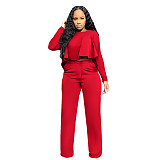 Solid Long Sleeve Ruffle Hem Shirts Straight Pants Set