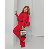 Solid Long Sleeve Ruffle Hem Shirts Straight Pants Set