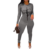 Long Sleeve Round Neck Printed Jumpsuit