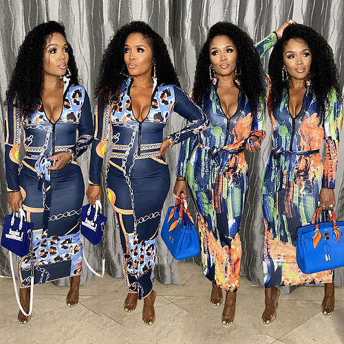 Printing Zipper Long Sleeve Bodycon Maxi Dress