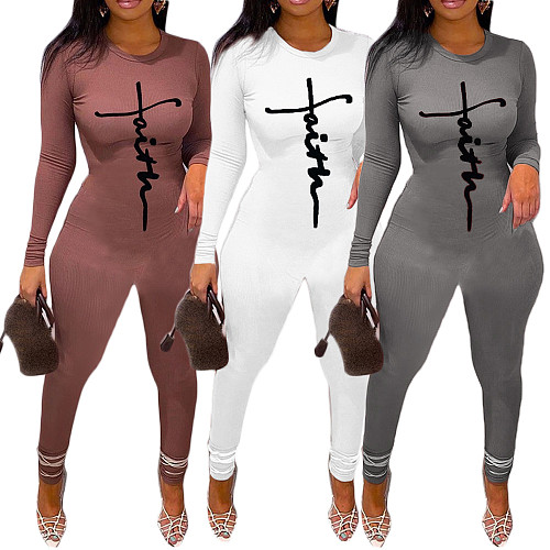 Long Sleeve Round Neck Printed Jumpsuit