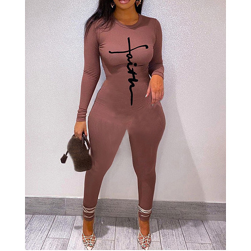 Long Sleeve Round Neck Printed Jumpsuit