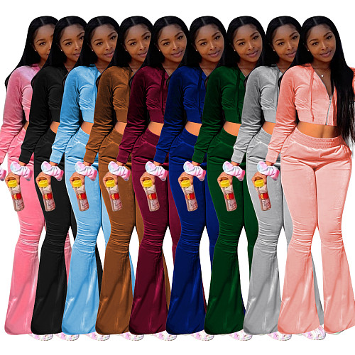 Velvet Solid Zipper Hooded Crop Tops Flare Pants Set NIK-264