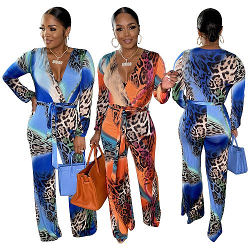 Leopard Printed Deep V Long Jumpsuit JR-3656