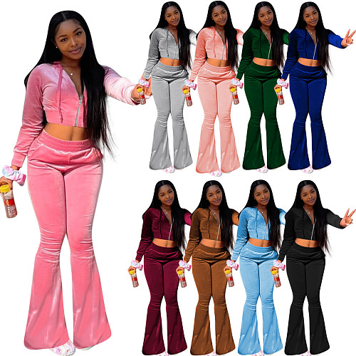 Velvet Solid Zipper Hooded Crop Tops Flare Pants Set NIK-264
