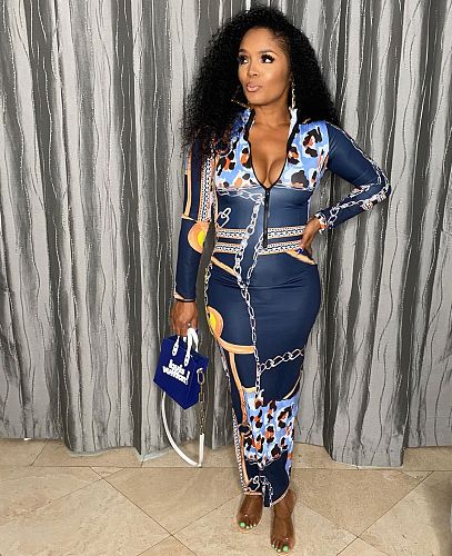 Printing Zipper Long Sleeve Bodycon Maxi Dress