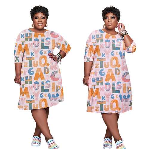 Letter Print Long Sleeve Round Neck T-shirt Dress