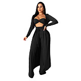 Crop Bra Top Wide Leg Pants Long Cardigan Set