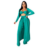 Crop Bra Top Wide Leg Pants Long Cardigan Set