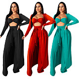 Crop Bra Top Wide Leg Pants Long Cardigan Set