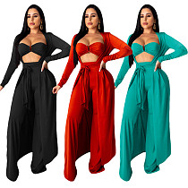 Crop Bra Top Wide Leg Pants Long Cardigan Set Crop Bra Top Wide Leg Pants Long Cardigan Set