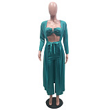 Crop Bra Top Wide Leg Pants Long Cardigan Set