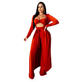 Crop Bra Top Wide Leg Pants Long Cardigan Set
