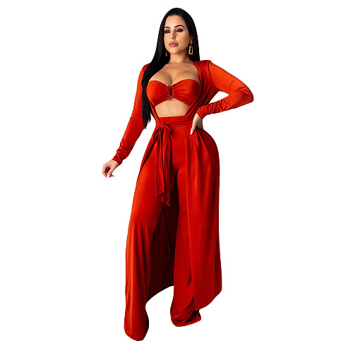 Crop Bra Top Wide Leg Pants Long Cardigan Set