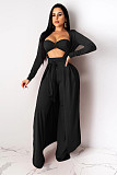Crop Bra Top Wide Leg Pants Long Cardigan Set
