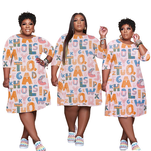 Letter Print Long Sleeve Round Neck T-shirt Dress