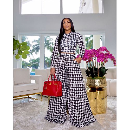 Print Long Sleeve Crop Top Wide Leg Pants Set