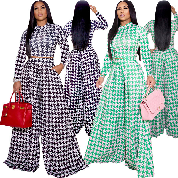 Print Long Sleeve Crop Top Wide Leg Pants Set