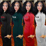 Letter Print Long Sleeve Hooded Pleated Dress