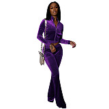Velvet Solid Zip Jacket Crop Top Flared Pants Set