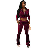 Velvet Solid Zip Jacket Crop Top Flared Pants Set