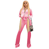Velvet Solid Zip Jacket Crop Top Flared Pants Set