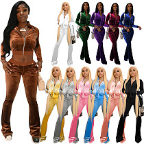 Velvet Solid Zip Jacket Crop Top Flared Pants Set Velvet Solid Zip Jacket Crop Top Flared Pants Set