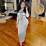 Letter Print Long Sleeve Hooded Pleated Dress