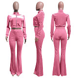 Velvet Solid Zip Jacket Crop Top Flared Pants Set