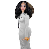 Letter Print Long Sleeve Hooded Pleated Dress