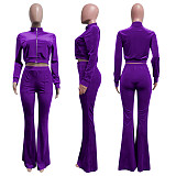 Velvet Solid Zip Jacket Crop Top Flared Pants Set