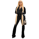 Velvet Solid Zip Jacket Crop Top Flared Pants Set