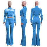 Velvet Solid Zip Jacket Crop Top Flared Pants Set