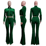 Velvet Solid Zip Jacket Crop Top Flared Pants Set