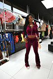 Velvet Solid Zip Jacket Crop Top Flared Pants Set