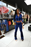 Velvet Solid Zip Jacket Crop Top Flared Pants Set