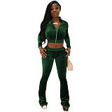 Velvet Solid Zip Jacket Crop Top Flared Pants Set