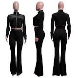 Velvet Solid Zip Jacket Crop Top Flared Pants Set