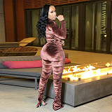 Velvet Zipper Folds Pants Two Piece Set